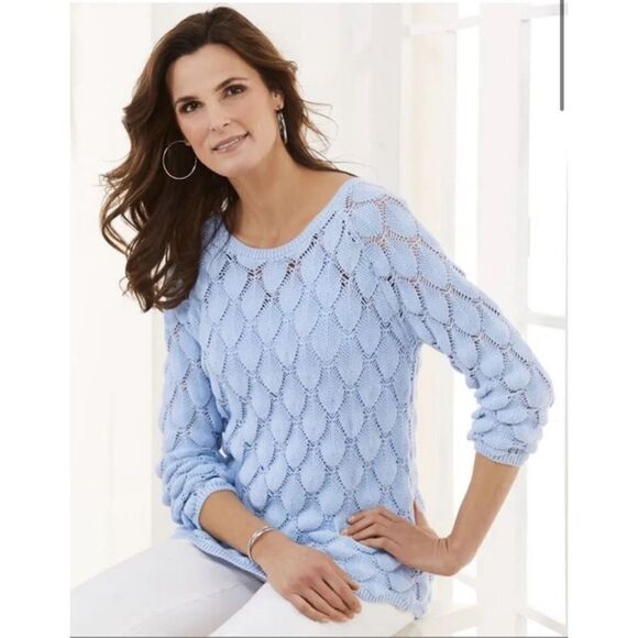 Soft Surroundings Soft Palms Blue Sweater Crochet Open Knit Size XS - Picture 1 of 9